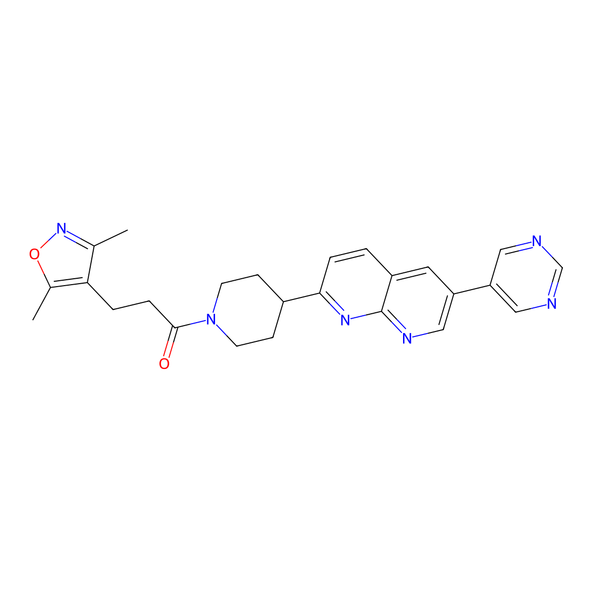 3-(3,5-Dimethyl-1,2-oxazol-4-yl)-1-{4-[6-(pyrimidin-5-yl)-1,8-naphthyridin-2-yl]piperidin-1-yl}propan-1-one molecular structure, CAS 2741931-63-3