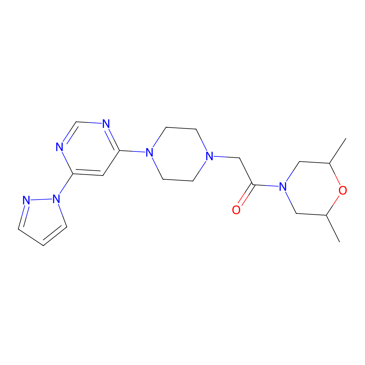 1-(2,6-dimethylmorpholin-4-yl)-2-{4-[6-(1H-pyrazol-1-yl)pyrimidin-4-yl]piperazin-1-yl}ethan-1-one molecular structure, CAS 2741931-64-4
