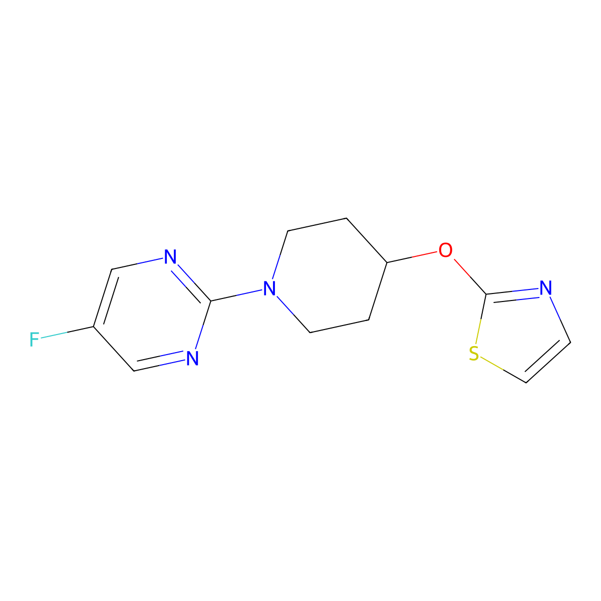 5-Fluoro-2-[4-(1,3-thiazol-2-yloxy)piperidin-1-yl]pyrimidine molecular structure, CAS 2741931-68-8