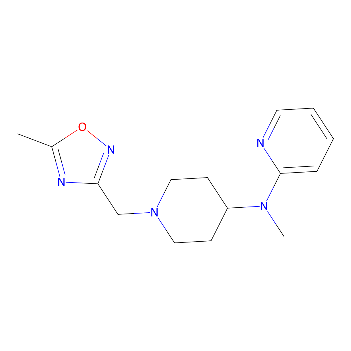 N-methyl-N-{1-[(5-methyl-1,2,4-oxadiazol-3-yl)methyl]piperidin-4-yl}pyridin-2-amine molecular structure, CAS 2741931-70-2