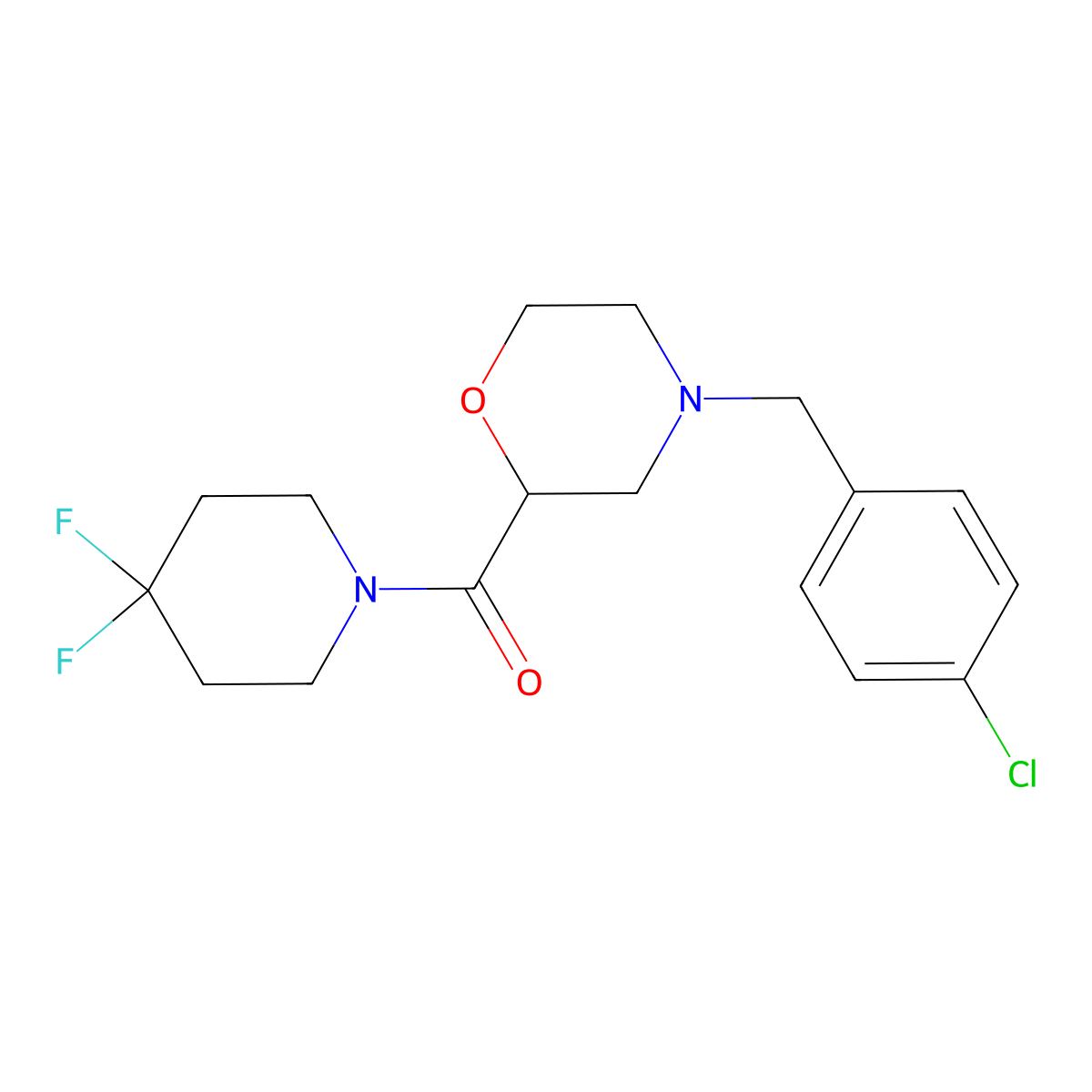 4-[(4-Chlorophenyl)methyl]-2-(4,4-difluoropiperidine-1-carbonyl)morpholine molecular structure, CAS 2741931-72-4