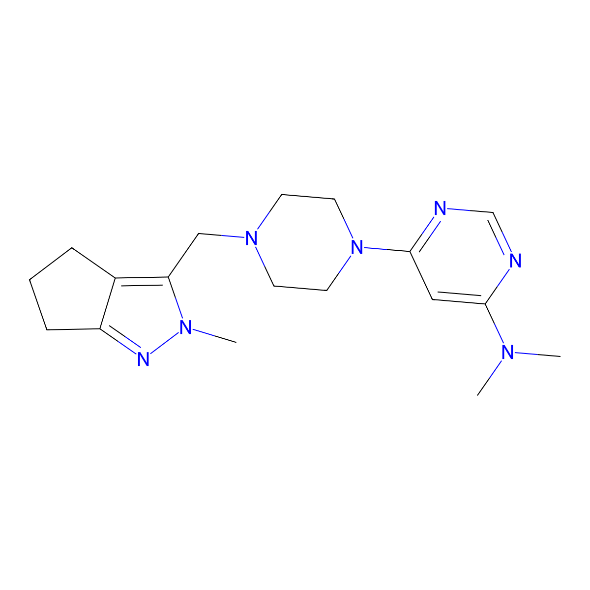 N,N-dimethyl-6-[4-({2-methyl-2H,4H,5H,6H-cyclopenta[c]pyrazol-3-yl}methyl)piperazin-1-yl]pyrimidin-4-amine molecular structure, CAS 2741931-85-9