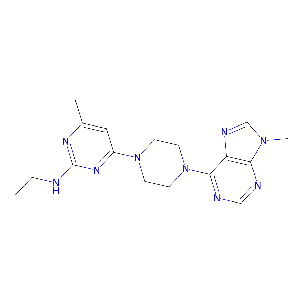 N-ethyl-4-methyl-6-[4-(9-methyl-9H-purin-6-yl)piperazin-1-yl]pyrimidin-2-amine molecular structure, CAS 2741931-94-0