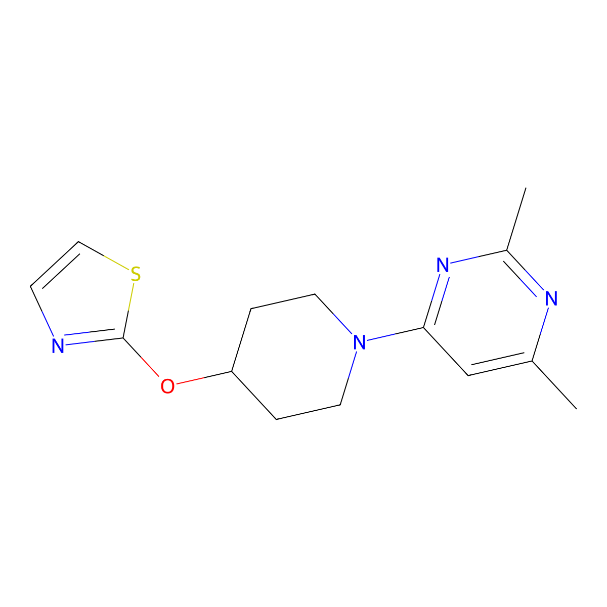 2,4-Dimethyl-6-[4-(1,3-thiazol-2-yloxy)piperidin-1-yl]pyrimidine molecular structure, CAS 2741931-95-1