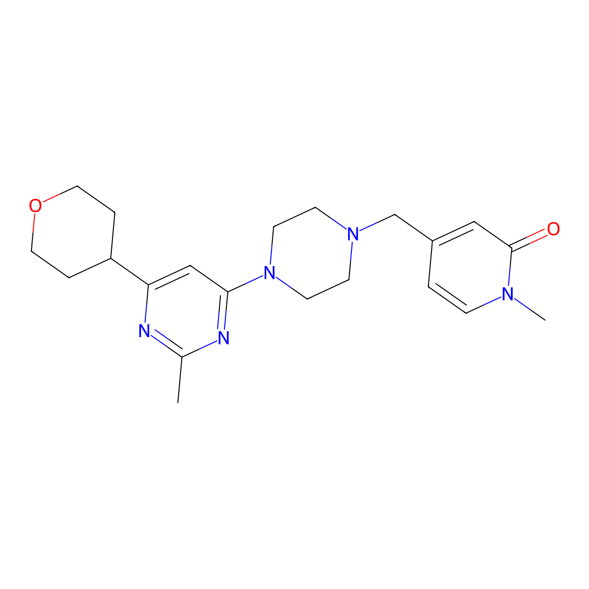 1-Methyl-4-({4-[2-methyl-6-(oxan-4-yl)pyrimidin-4-yl]piperazin-1-yl}methyl)-1,2-dihydropyridin-2-one molecular structure, CAS 2741931-99-5