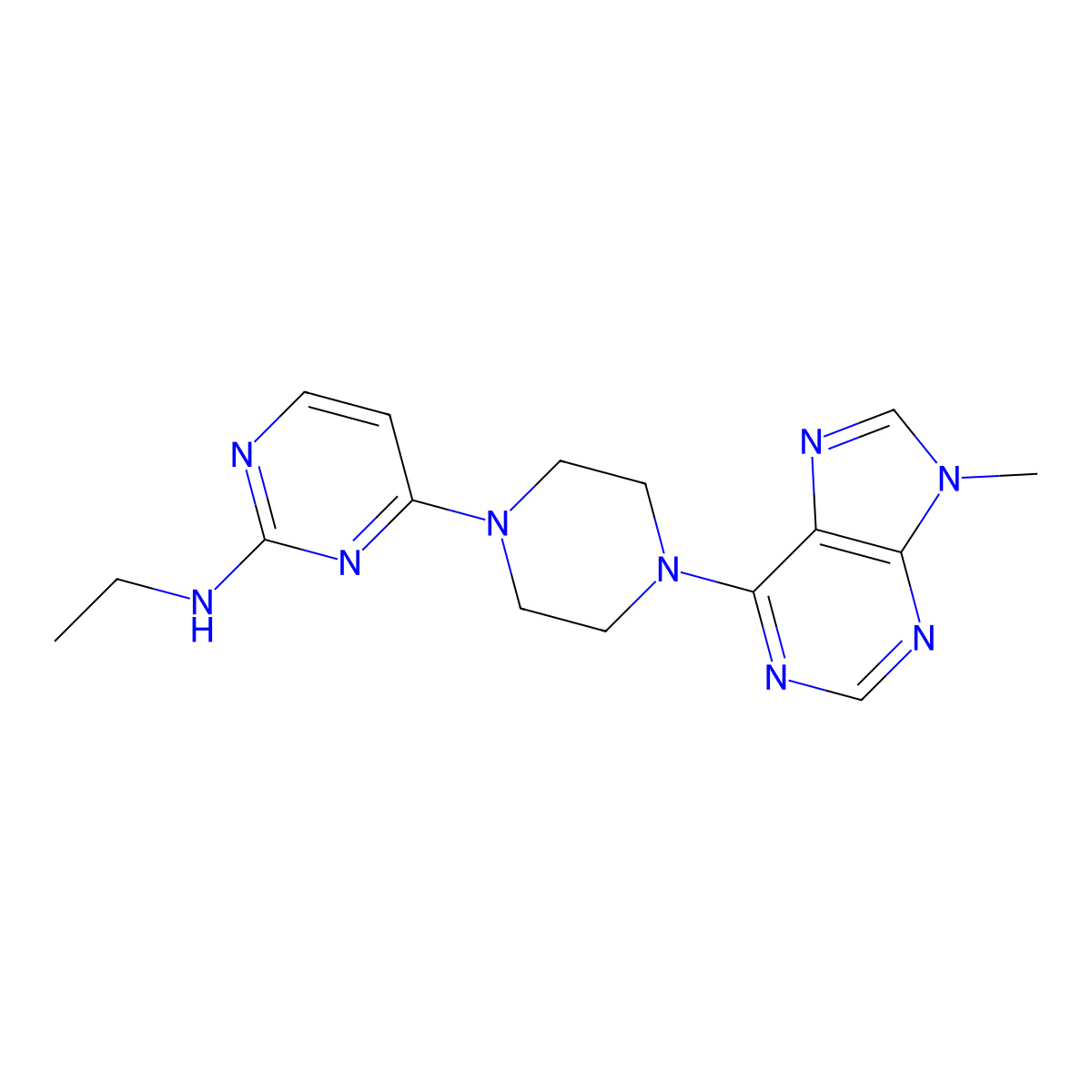 N-ethyl-4-[4-(9-methyl-9H-purin-6-yl)piperazin-1-yl]pyrimidin-2-amine molecular structure, CAS 2741932-00-1