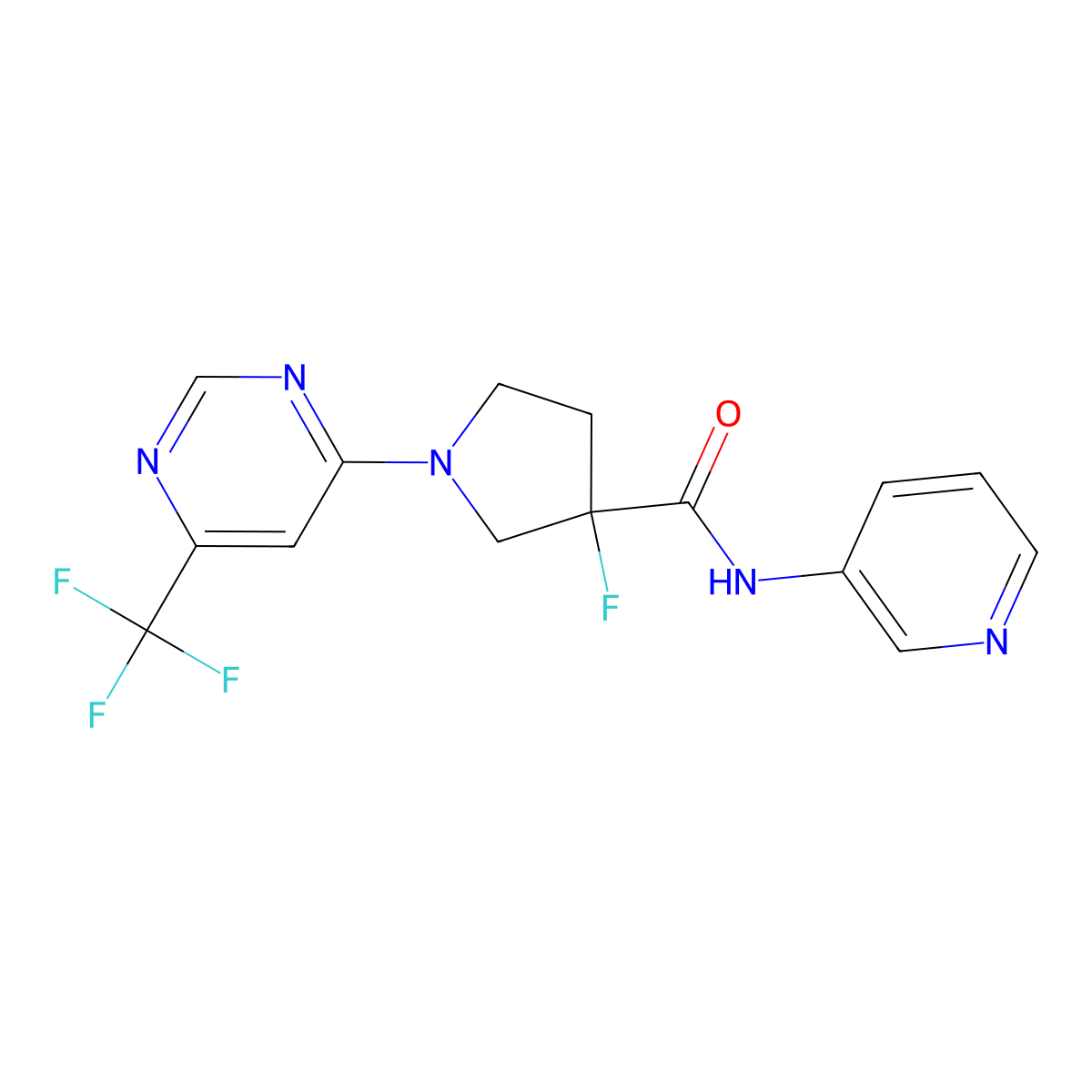 3-fluoro-N-(pyridin-3-yl)-1-[6-(trifluoromethyl)pyrimidin-4-yl]pyrrolidine-3-carboxamide molecular structure, CAS 2741932-06-7
