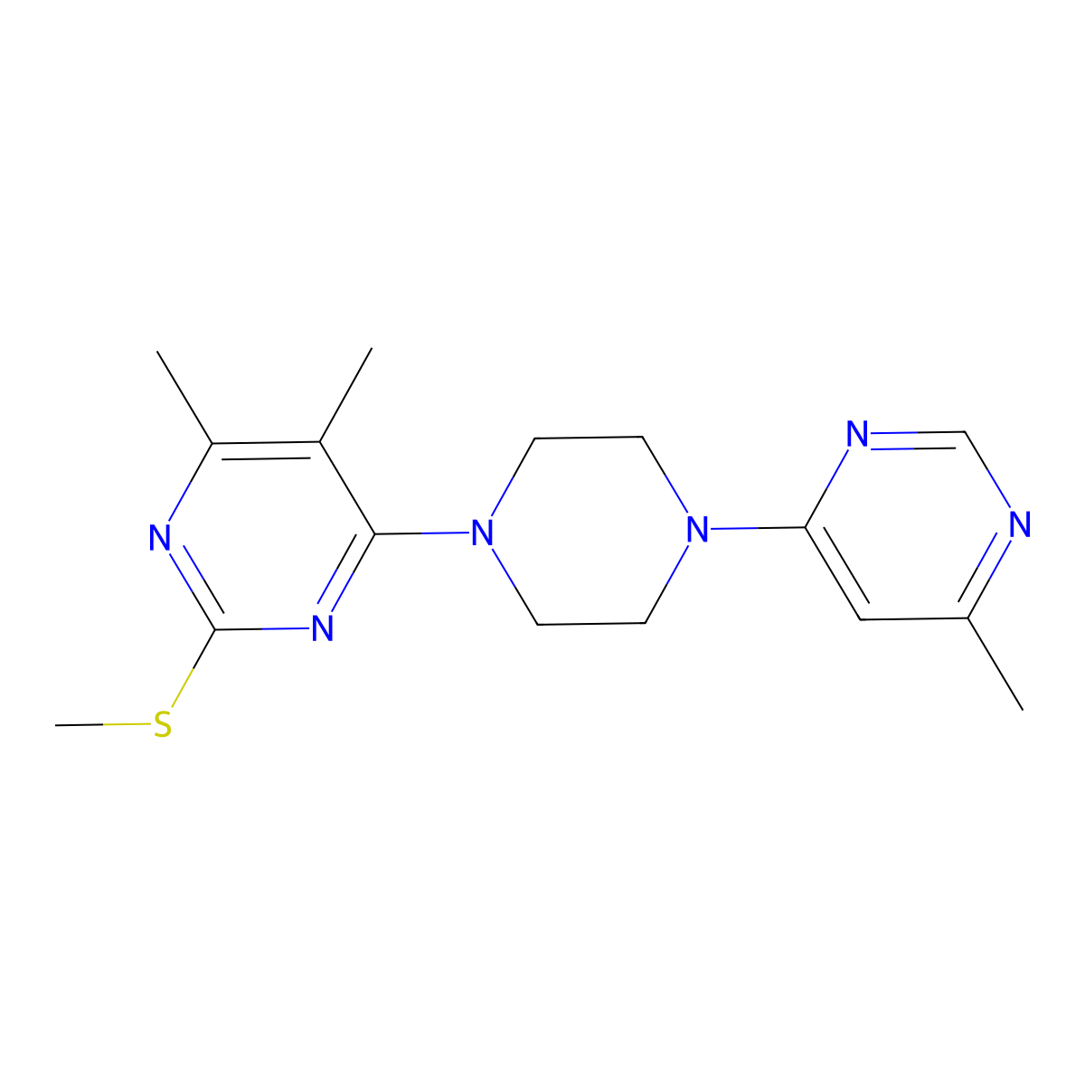 4,5-Dimethyl-6-[4-(6-methylpyrimidin-4-yl)piperazin-1-yl]-2-(methylsulfanyl)pyrimidine molecular structure, CAS 2741932-27-2