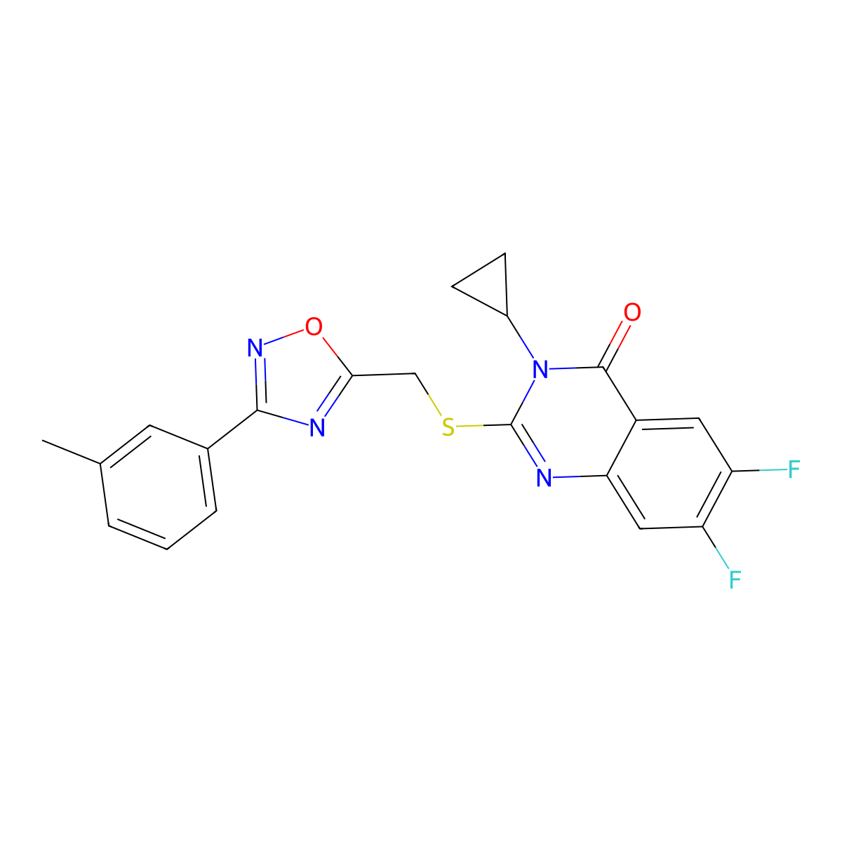 3-Cyclopropyl-6,7-difluoro-2-({[3-(3-methylphenyl)-1,2,4-oxadiazol-5-yl]methyl}sulfanyl)-3,4-dihydroquinazolin-4-one molecular structure, CAS 2741932-29-4