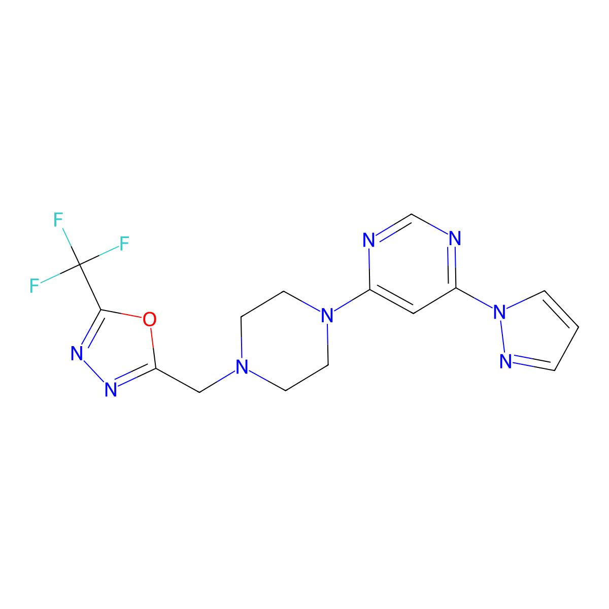 4-(1H-pyrazol-1-yl)-6-(4-{[5-(trifluoromethyl)-1,3,4-oxadiazol-2-yl]methyl}piperazin-1-yl)pyrimidine molecular structure, CAS 2741932-38-5