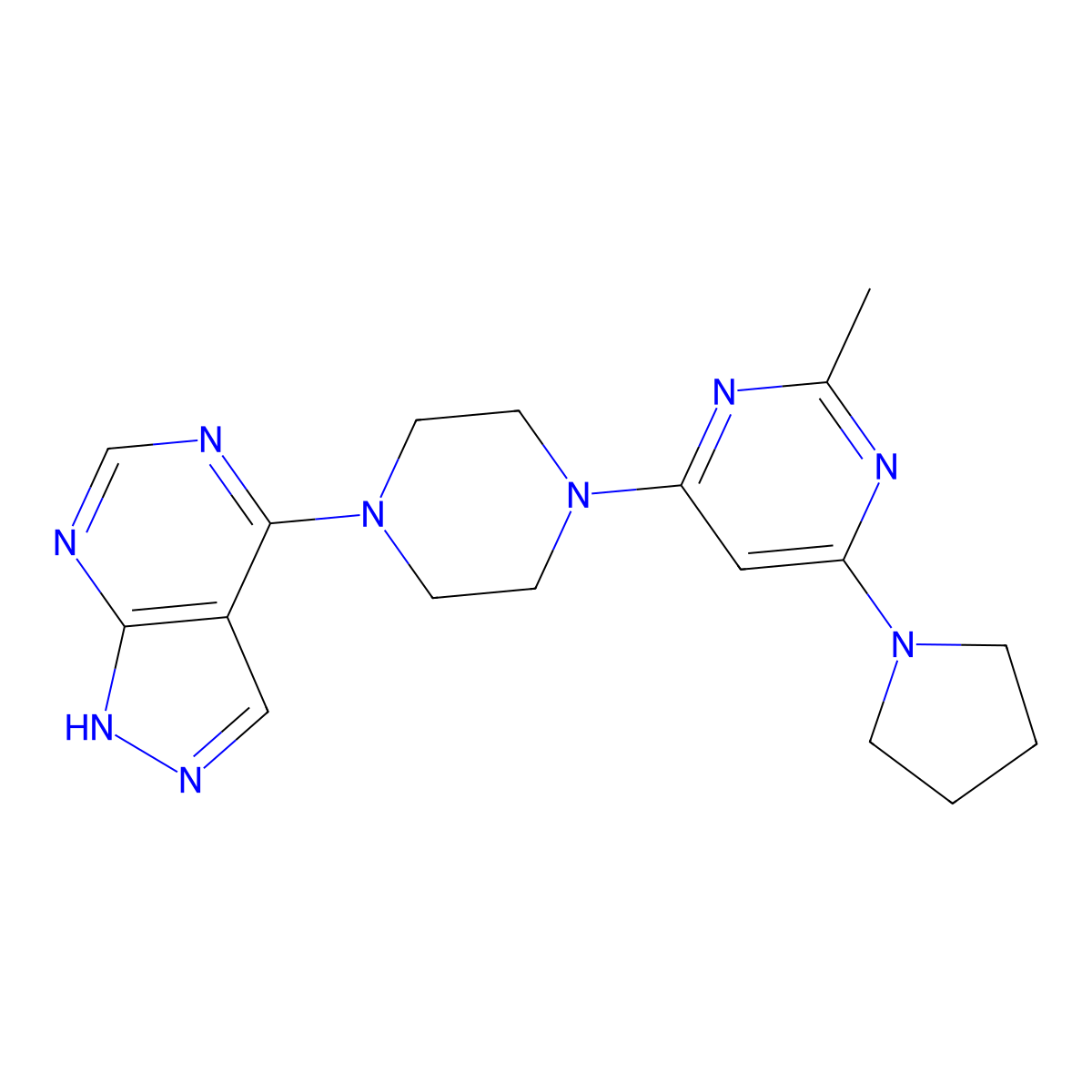 2-methyl-4-(4-{1H-pyrazolo[3,4-d]pyrimidin-4-yl}piperazin-1-yl)-6-(pyrrolidin-1-yl)pyrimidine molecular structure, CAS 2741932-41-0