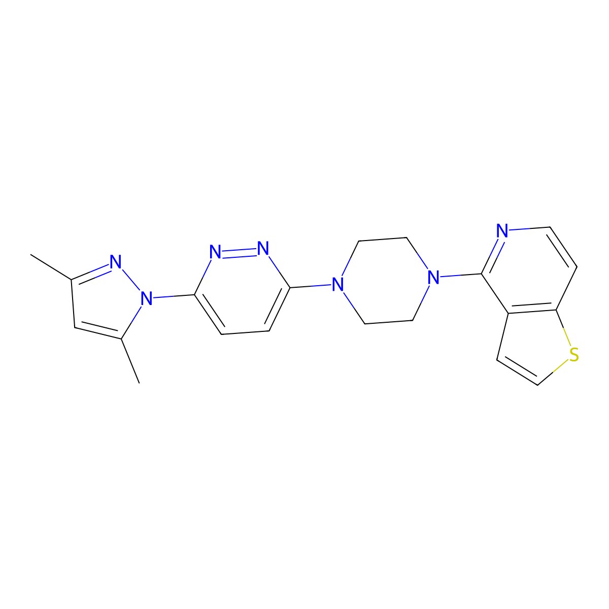 3-(3,5-dimethyl-1H-pyrazol-1-yl)-6-(4-{thieno[3,2-c]pyridin-4-yl}piperazin-1-yl)pyridazine molecular structure, CAS 2741932-47-6