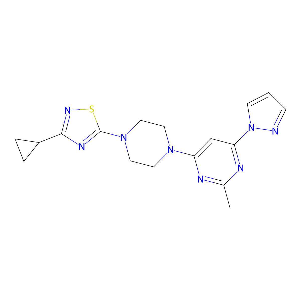 4-[4-(3-cyclopropyl-1,2,4-thiadiazol-5-yl)piperazin-1-yl]-2-methyl-6-(1H-pyrazol-1-yl)pyrimidine molecular structure, CAS 2741932-76-1