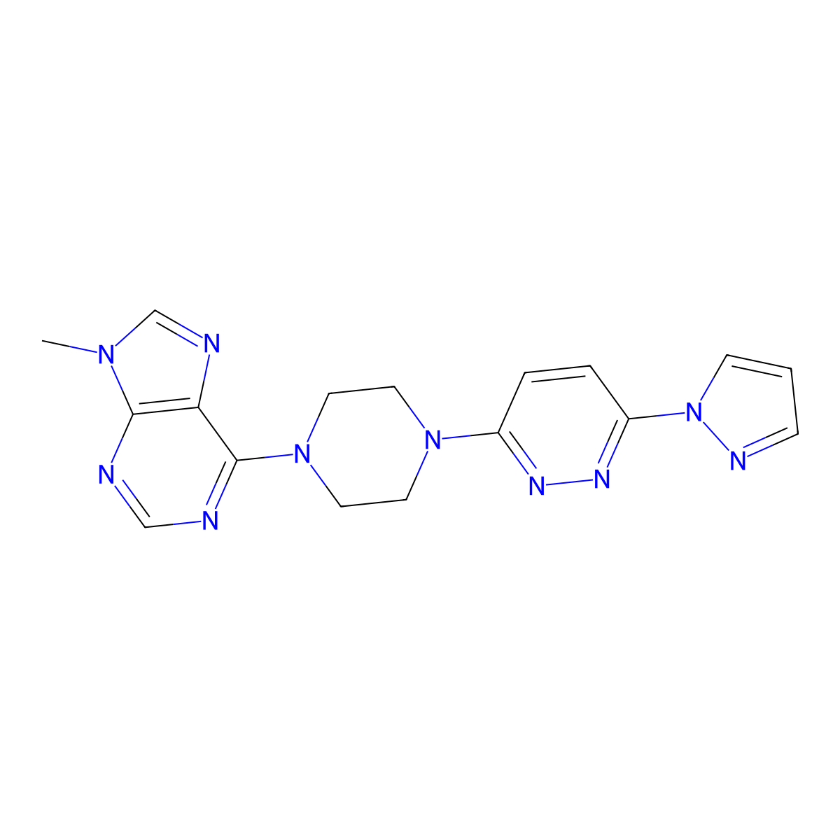 9-methyl-6-{4-[6-(1H-pyrazol-1-yl)pyridazin-3-yl]piperazin-1-yl}-9H-purine molecular structure, CAS 2741932-81-8