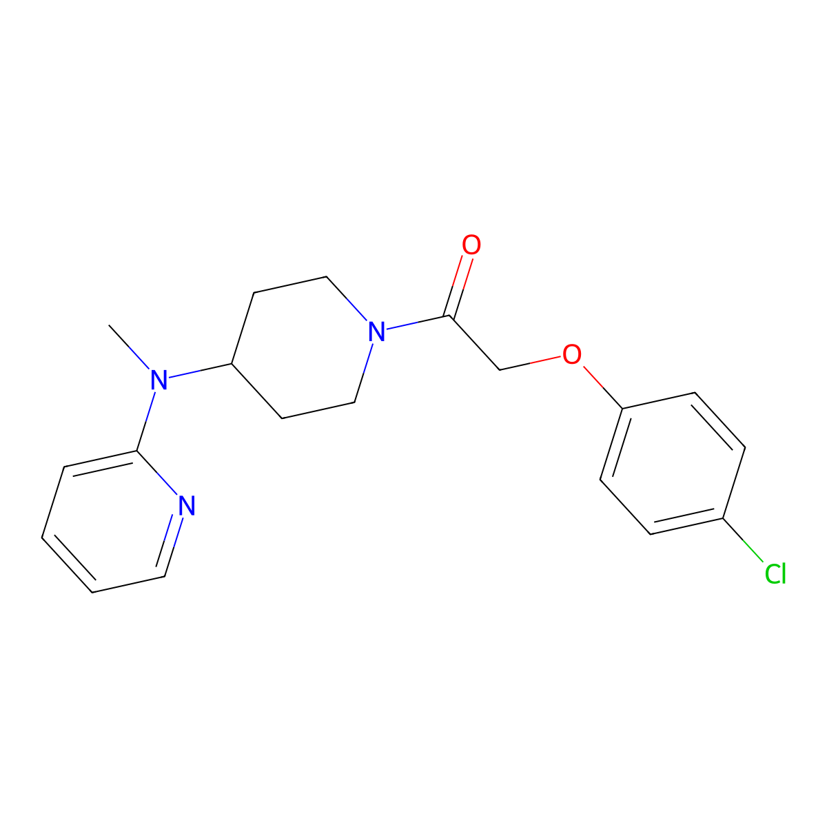 2-(4-Chlorophenoxy)-1-{4-[methyl(pyridin-2-yl)amino]piperidin-1-yl}ethan-1-one molecular structure, CAS 2741932-82-9