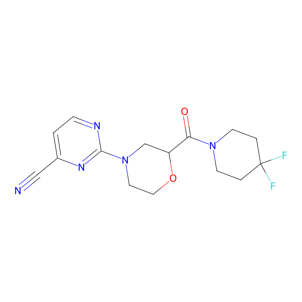 2-[2-(4,4-Difluoropiperidine-1-carbonyl)morpholin-4-yl]pyrimidine-4-carbonitrile molecular structure, CAS 2741932-83-0