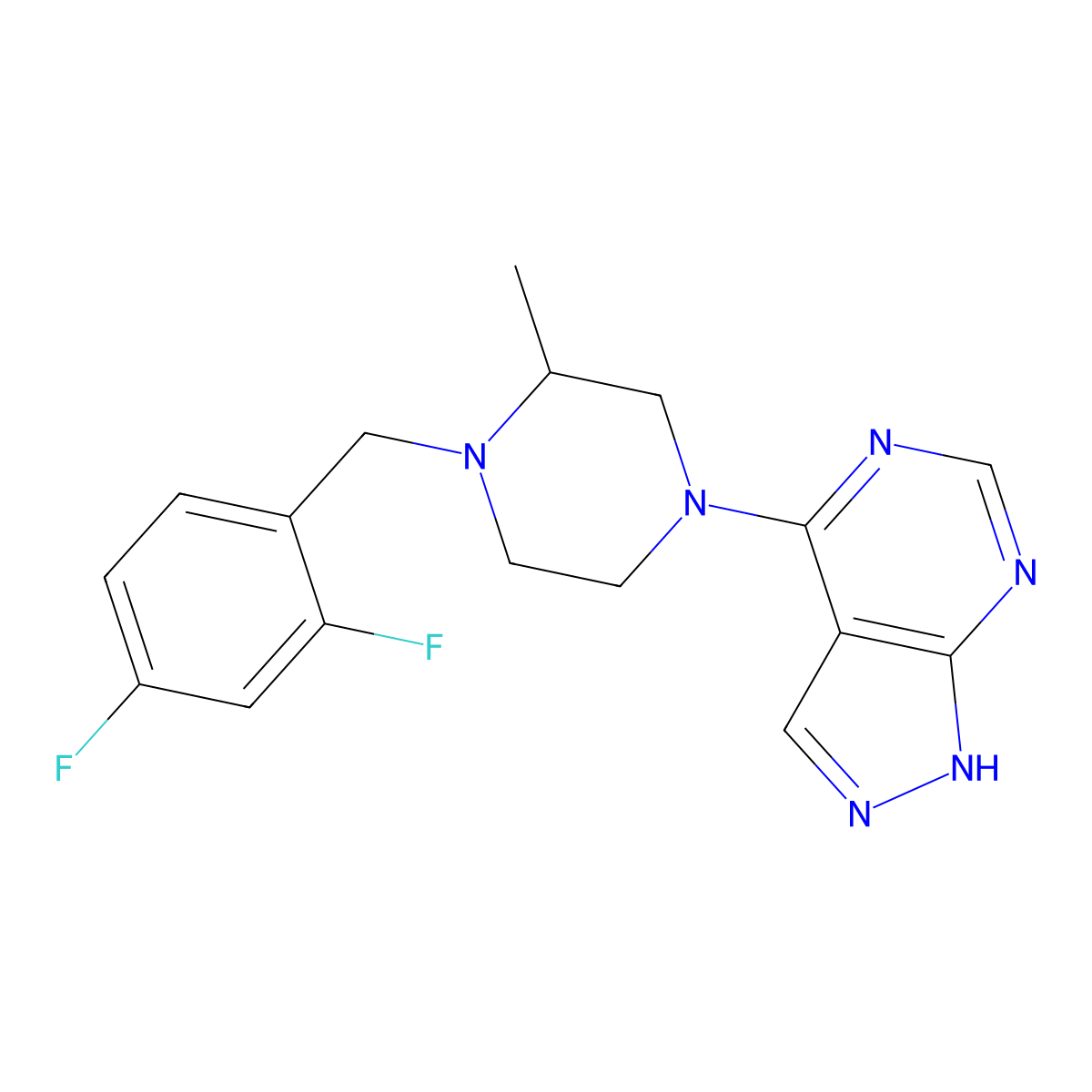 1-[(2,4-difluorophenyl)methyl]-2-methyl-4-{1H-pyrazolo[3,4-d]pyrimidin-4-yl}piperazine molecular structure, CAS 2741932-85-2