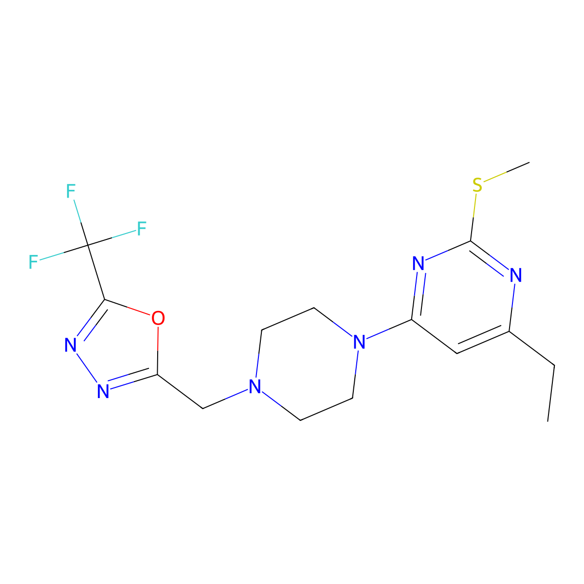 4-Ethyl-2-(methylsulfanyl)-6-(4-{[5-(trifluoromethyl)-1,3,4-oxadiazol-2-yl]methyl}piperazin-1-yl)pyrimidine molecular structure, CAS 2741933-06-0
