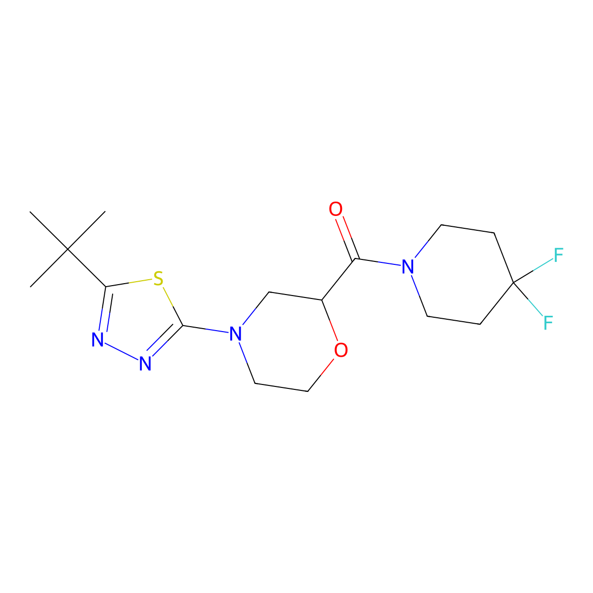 4-(5-Tert-butyl-1,3,4-thiadiazol-2-yl)-2-(4,4-difluoropiperidine-1-carbonyl)morpholine molecular structure, CAS 2741933-23-1