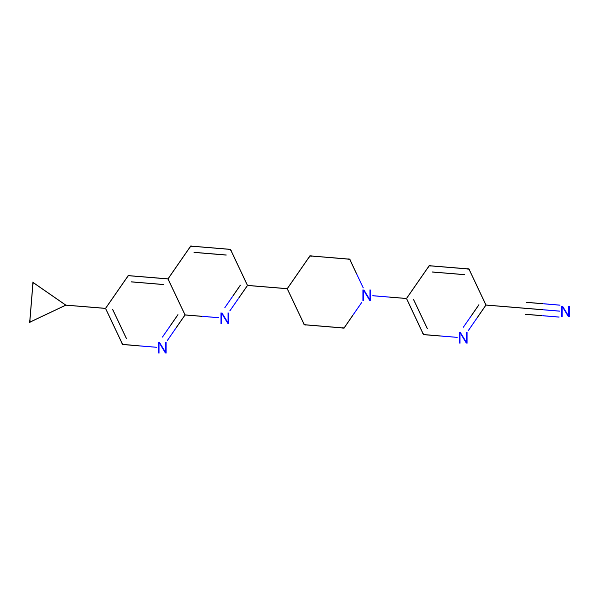 5-[4-(6-Cyclopropyl-1,8-naphthyridin-2-yl)piperidin-1-yl]pyridine-2-carbonitrile molecular structure, CAS 2741933-32-2