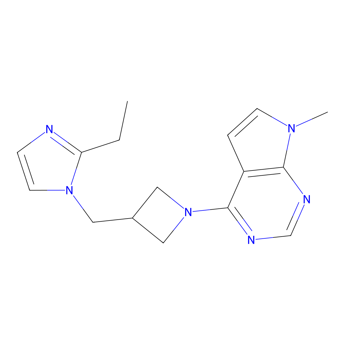 2-ethyl-1-[(1-{7-methyl-7H-pyrrolo[2,3-d]pyrimidin-4-yl}azetidin-3-yl)methyl]-1H-imidazole molecular structure, CAS 2741933-34-4