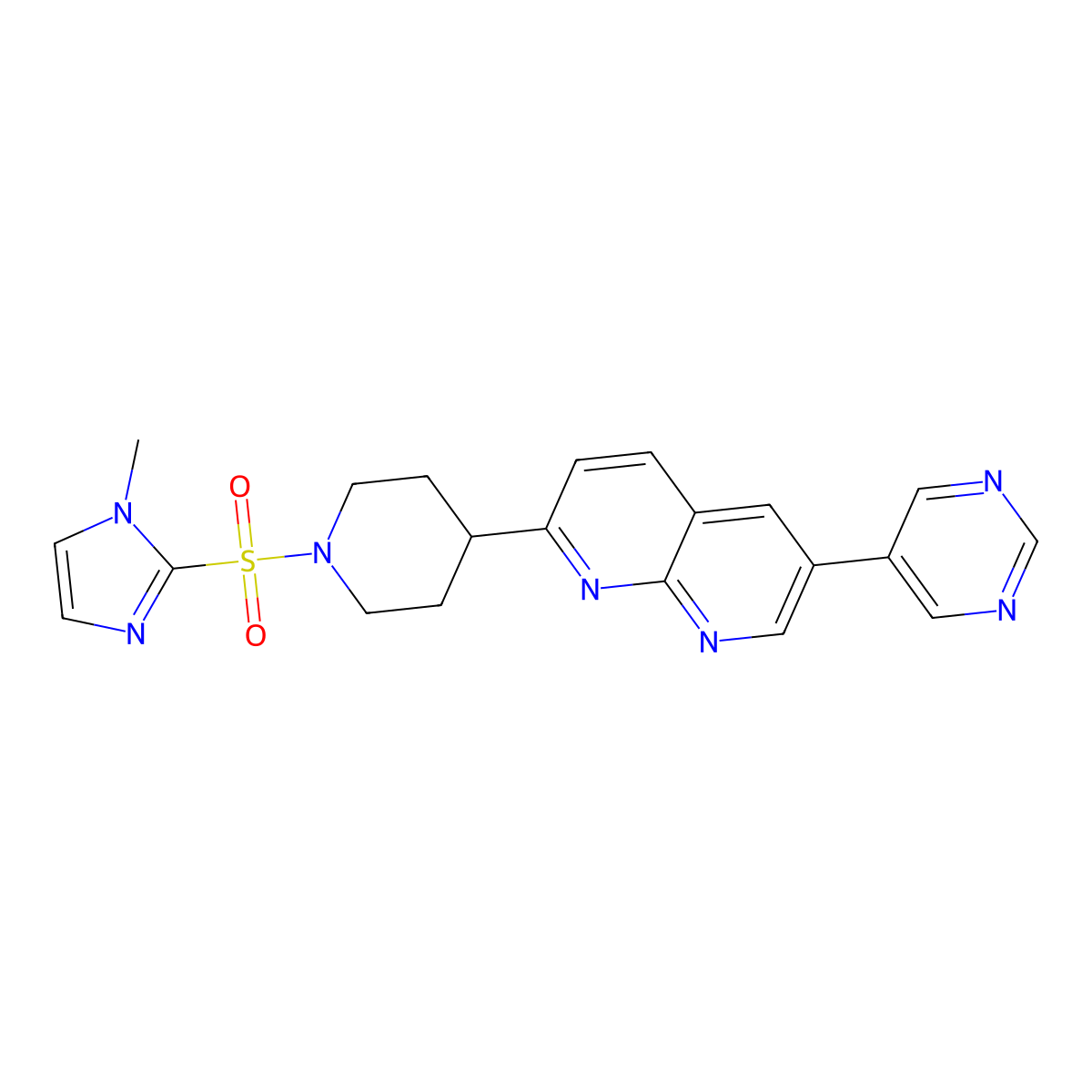 2-{1-[(1-methyl-1H-imidazol-2-yl)sulfonyl]piperidin-4-yl}-6-(pyrimidin-5-yl)-1,8-naphthyridine molecular structure, CAS 2741933-38-8