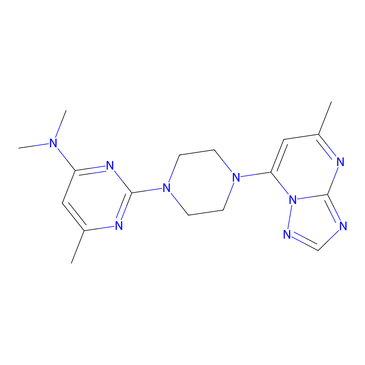 N,N,6-trimethyl-2-(4-{5-methyl-[1,2,4]triazolo[1,5-a]pyrimidin-7-yl}piperazin-1-yl)pyrimidin-4-amine molecular structure, CAS 2741933-42-4