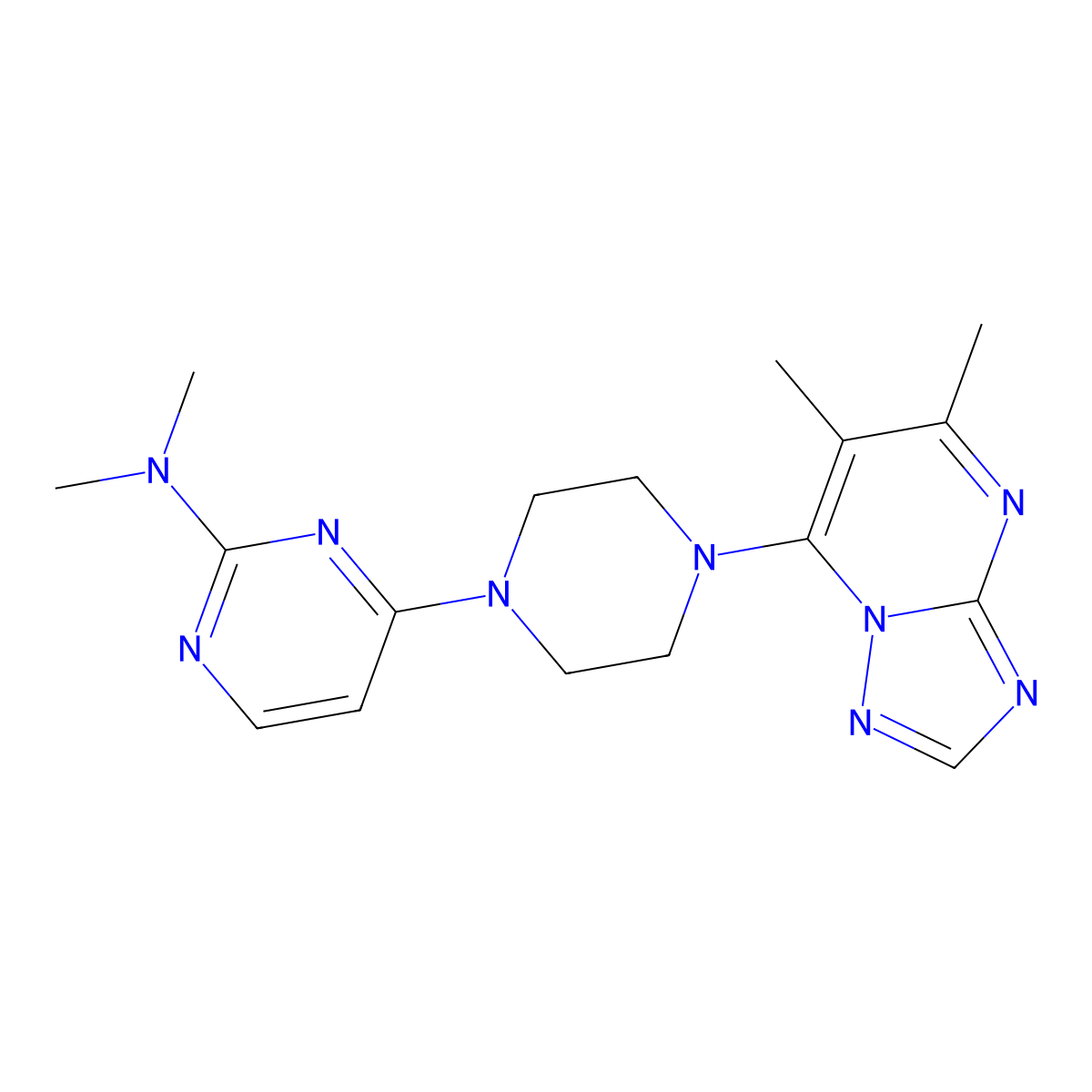 4-(4-{5,6-dimethyl-[1,2,4]triazolo[1,5-a]pyrimidin-7-yl}piperazin-1-yl)-N,N-dimethylpyrimidin-2-amine molecular structure, CAS 2741933-48-0