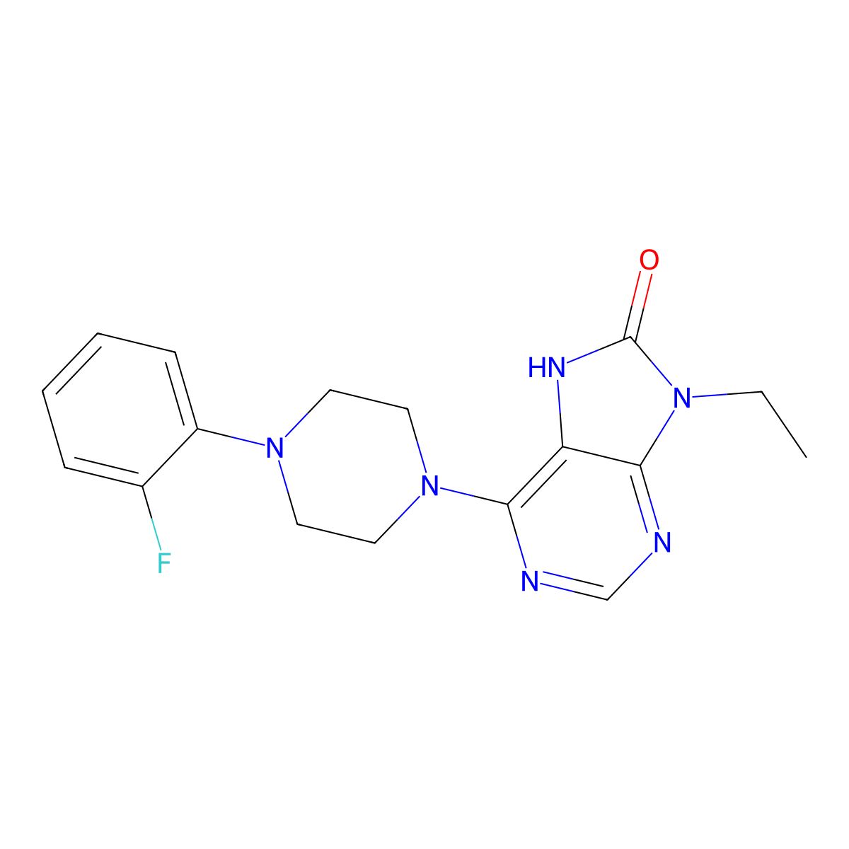 9-ethyl-6-[4-(2-fluorophenyl)piperazin-1-yl]-8,9-dihydro-7H-purin-8-one molecular structure, CAS 2741933-50-4