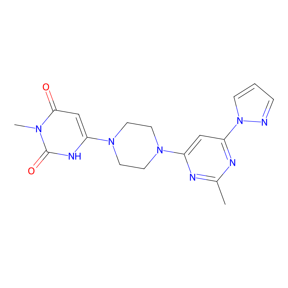 3-methyl-6-{4-[2-methyl-6-(1H-pyrazol-1-yl)pyrimidin-4-yl]piperazin-1-yl}-1,2,3,4-tetrahydropyrimidine-2,4-dione molecular structure, CAS 2741933-51-5