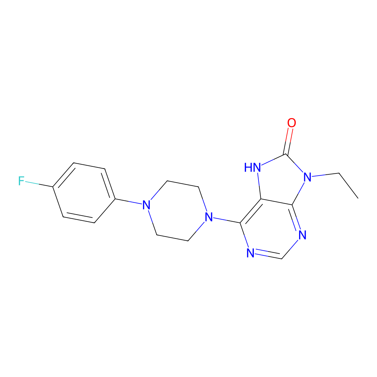 9-ethyl-6-[4-(4-fluorophenyl)piperazin-1-yl]-8,9-dihydro-7H-purin-8-one molecular structure, CAS 2741933-57-1