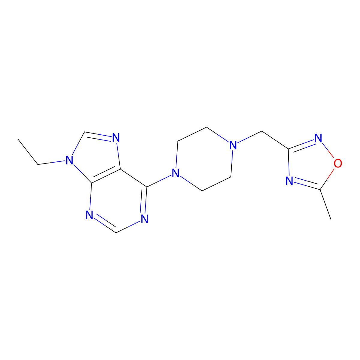 9-ethyl-6-{4-[(5-methyl-1,2,4-oxadiazol-3-yl)methyl]piperazin-1-yl}-9H-purine molecular structure, CAS 2741933-62-8