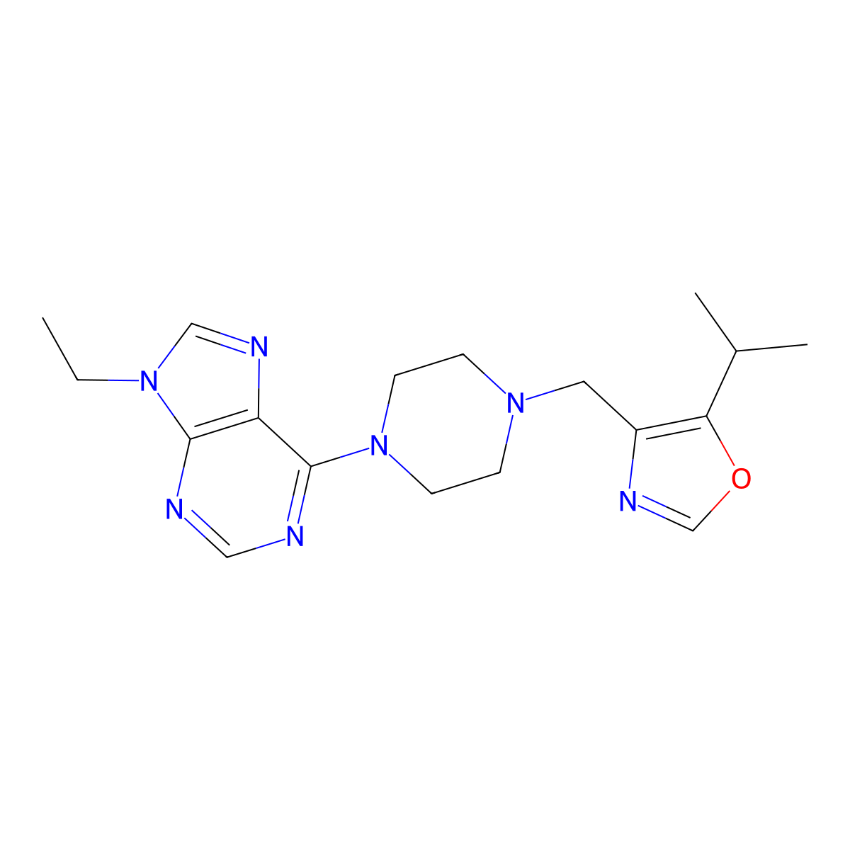 9-ethyl-6-(4-{[5-(propan-2-yl)-1,3-oxazol-4-yl]methyl}piperazin-1-yl)-9H-purine molecular structure, CAS 2741933-67-3