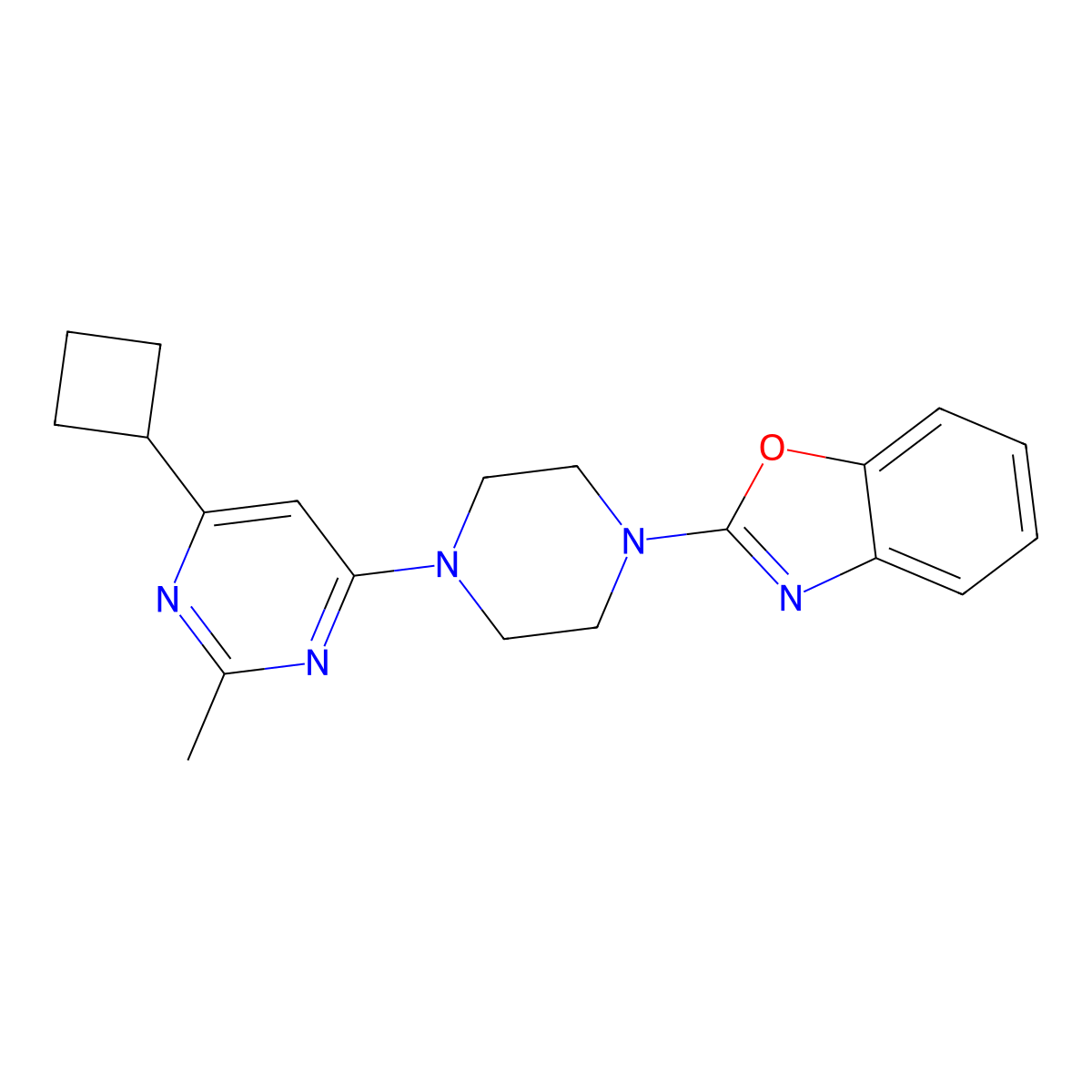 2-[4-(6-Cyclobutyl-2-methylpyrimidin-4-yl)piperazin-1-yl]-1,3-benzoxazole molecular structure, CAS 2741933-69-5
