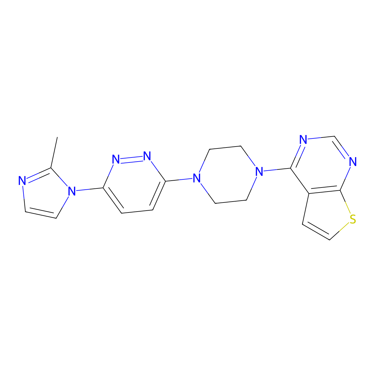 3-(2-methyl-1H-imidazol-1-yl)-6-(4-{thieno[2,3-d]pyrimidin-4-yl}piperazin-1-yl)pyridazine molecular structure, CAS 2741933-72-0
