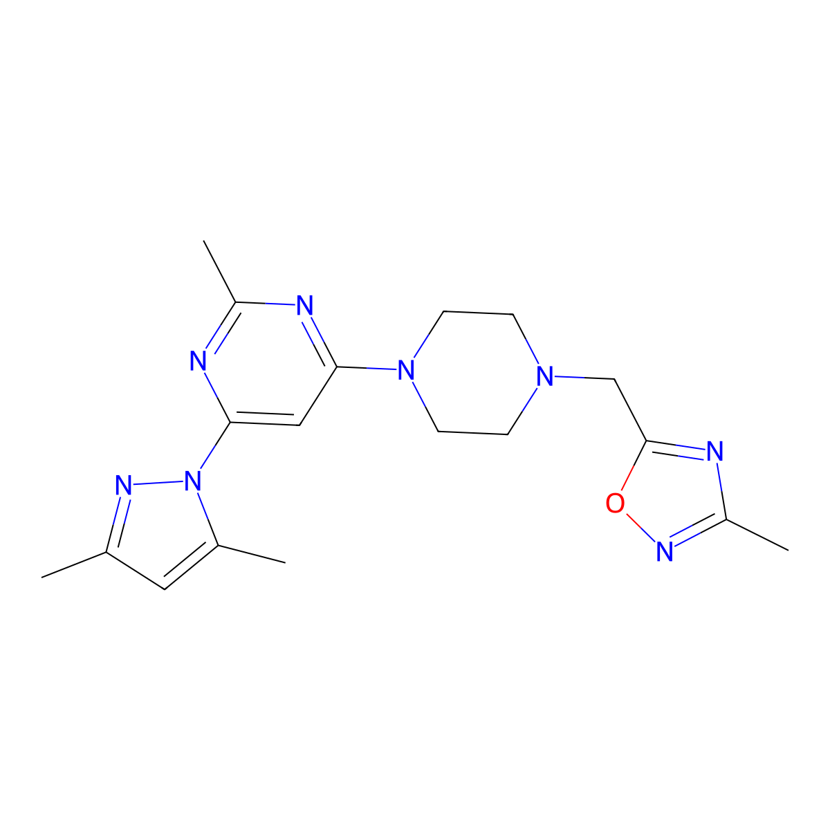 4-(3,5-dimethyl-1H-pyrazol-1-yl)-2-methyl-6-{4-[(3-methyl-1,2,4-oxadiazol-5-yl)methyl]piperazin-1-yl}pyrimidine molecular structure, CAS 2741933-85-5