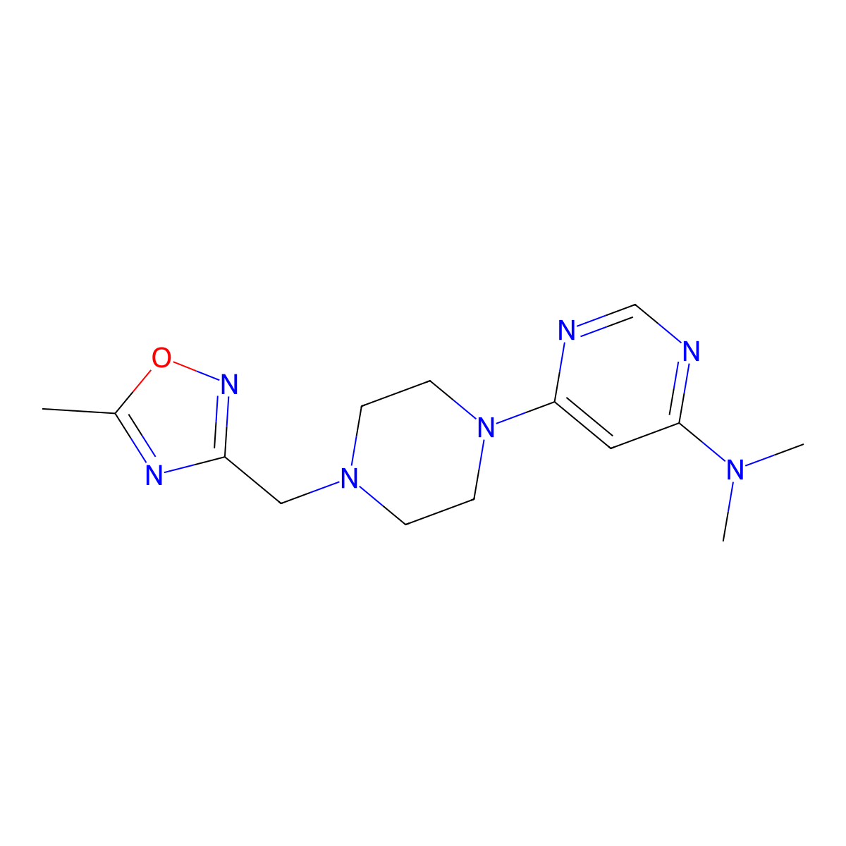 N,N-dimethyl-6-{4-[(5-methyl-1,2,4-oxadiazol-3-yl)methyl]piperazin-1-yl}pyrimidin-4-amine molecular structure, CAS 2741933-88-8