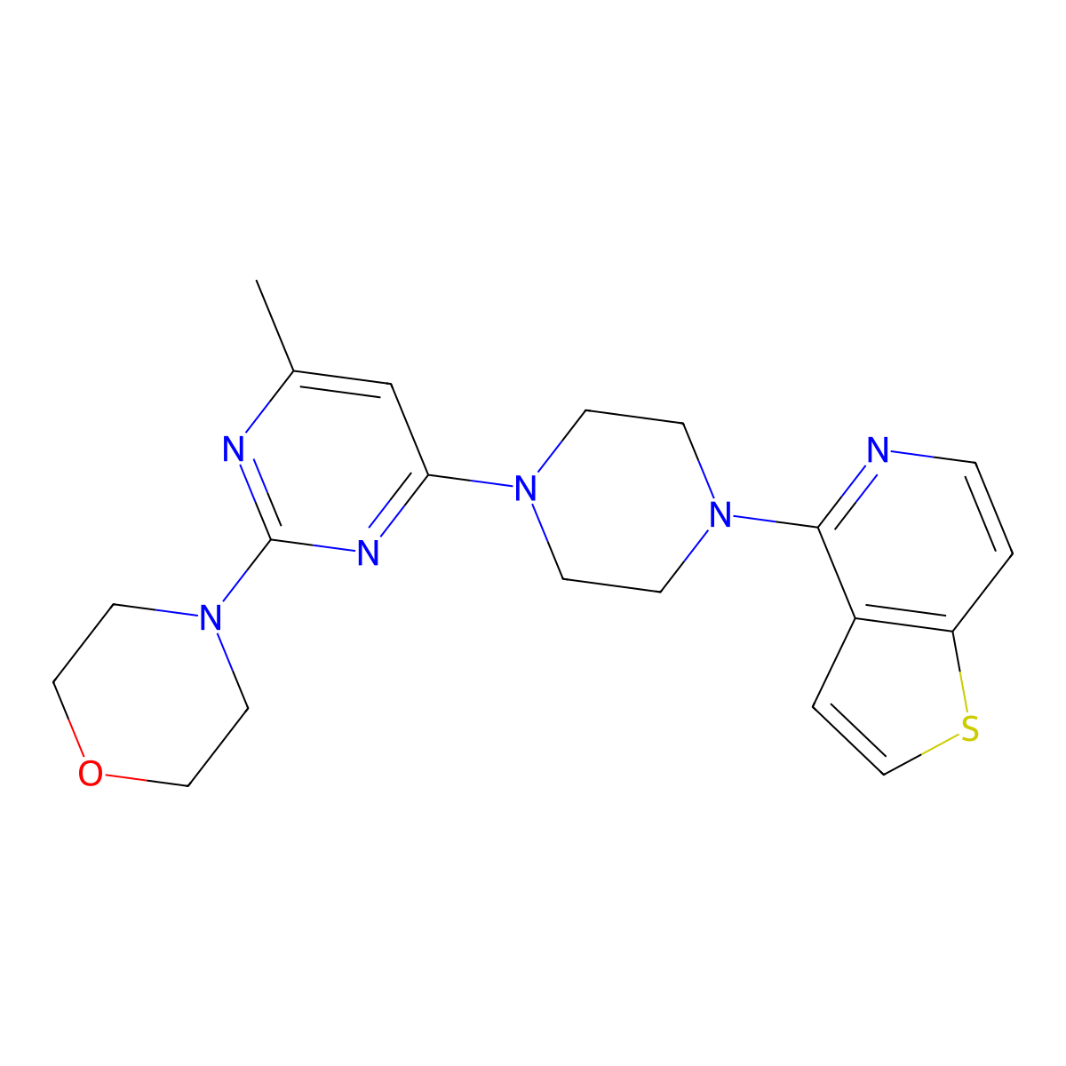 4-[4-Methyl-6-(4-{thieno[3,2-c]pyridin-4-yl}piperazin-1-yl)pyrimidin-2-yl]morpholine molecular structure, CAS 2741933-90-2