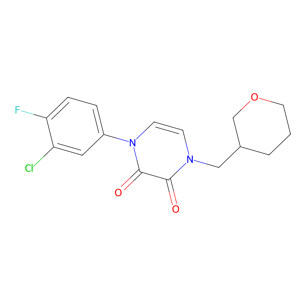 1-(3-Chloro-4-fluorophenyl)-4-[(oxan-3-yl)methyl]-1,2,3,4-tetrahydropyrazine-2,3-dione molecular structure, CAS 2741933-92-4