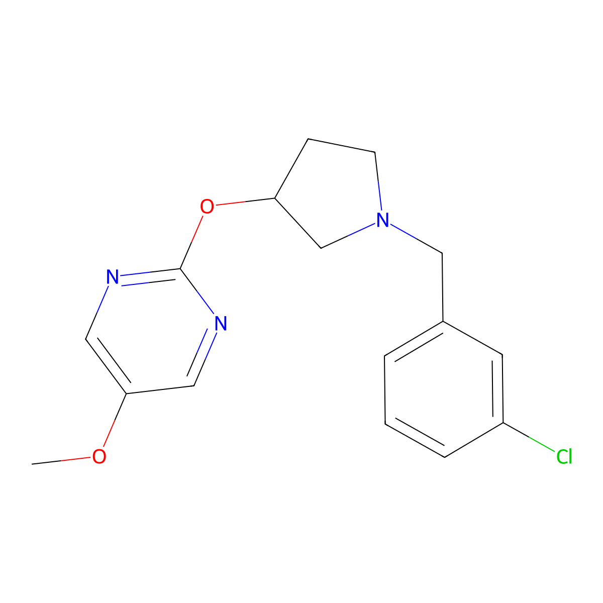 2-({1-[(3-Chlorophenyl)methyl]pyrrolidin-3-yl}oxy)-5-methoxypyrimidine molecular structure, CAS 2741934-03-0