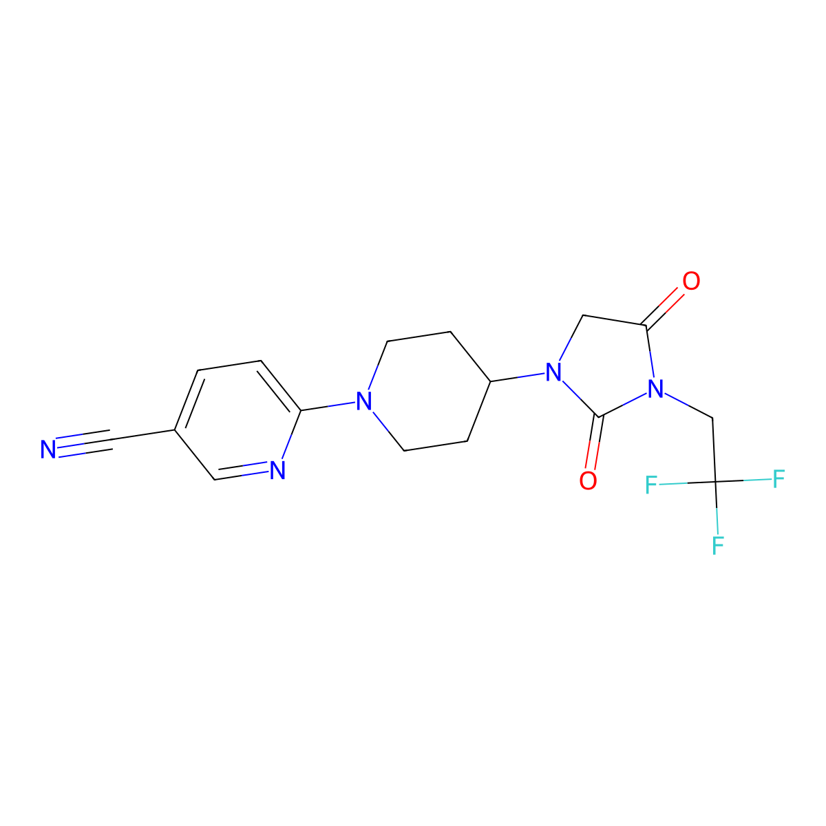 6-{4-[2,4-Dioxo-3-(2,2,2-trifluoroethyl)imidazolidin-1-yl]piperidin-1-yl}pyridine-3-carbonitrile molecular structure, CAS 2741934-05-2