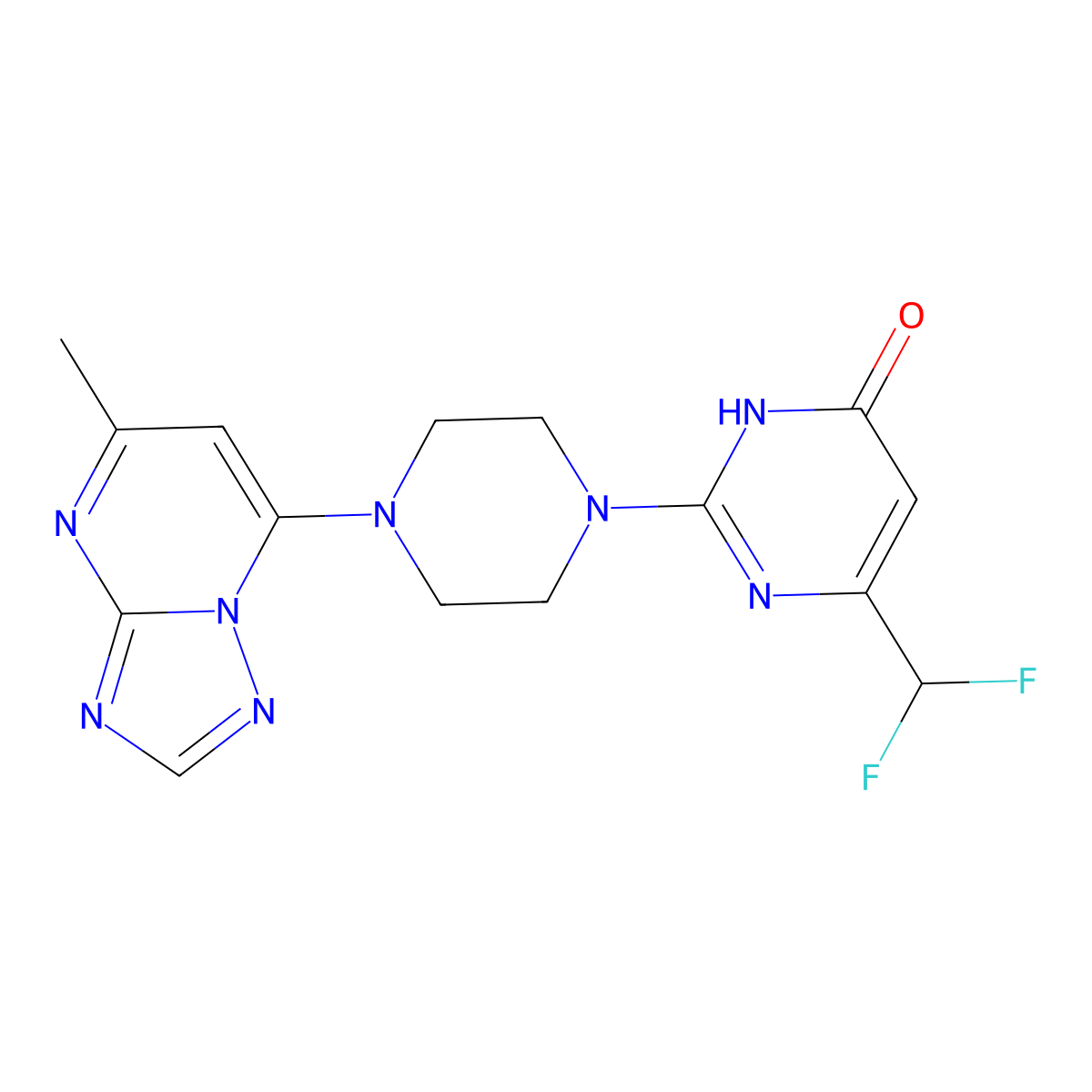 6-(Difluoromethyl)-2-(4-{5-methyl-[1,2,4]triazolo[1,5-a]pyrimidin-7-yl}piperazin-1-yl)-3,4-dihydropyrimidin-4-one molecular structure, CAS 2741934-09-6