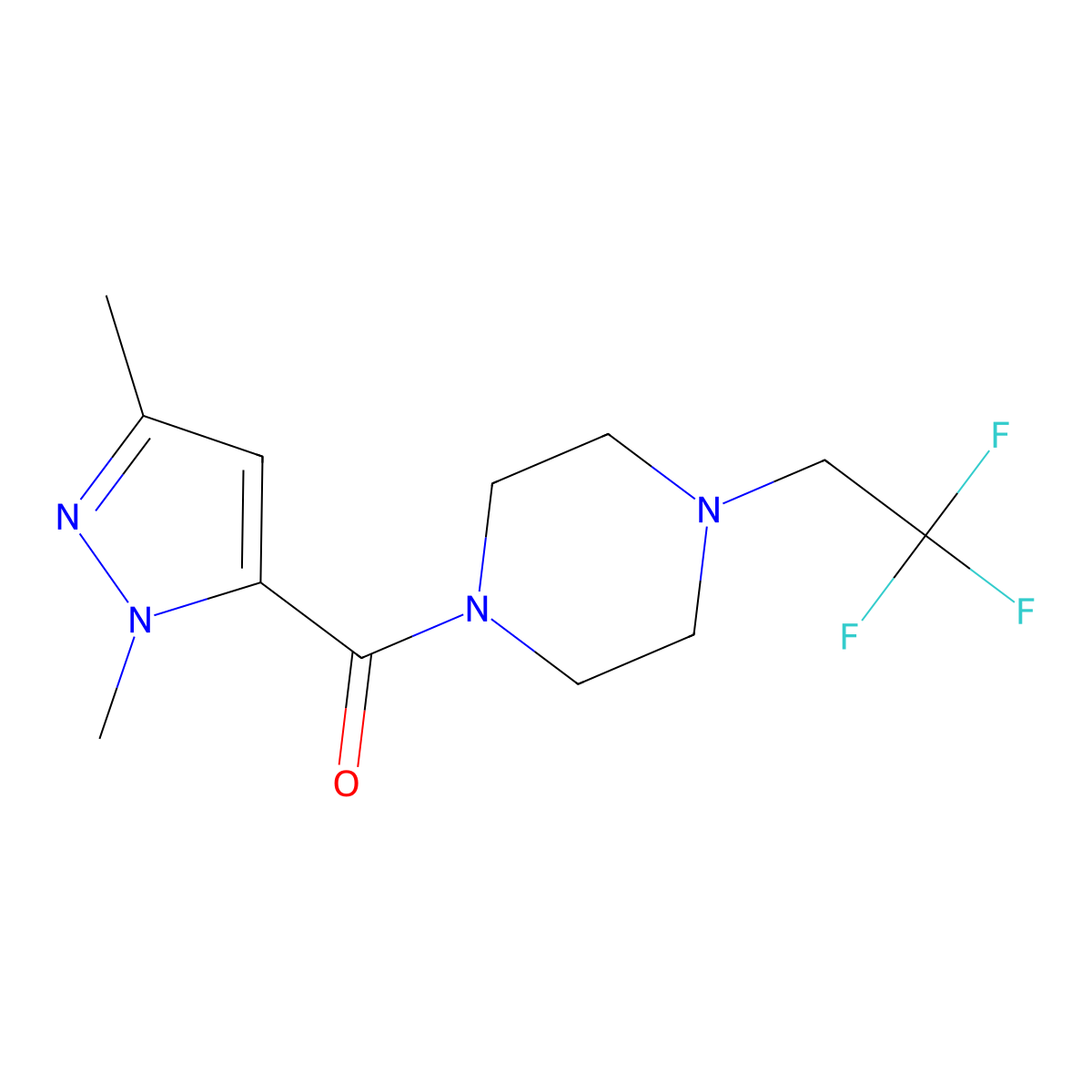 1-(1,3-dimethyl-1H-pyrazole-5-carbonyl)-4-(2,2,2-trifluoroethyl)piperazine molecular structure, CAS 2741934-10-9