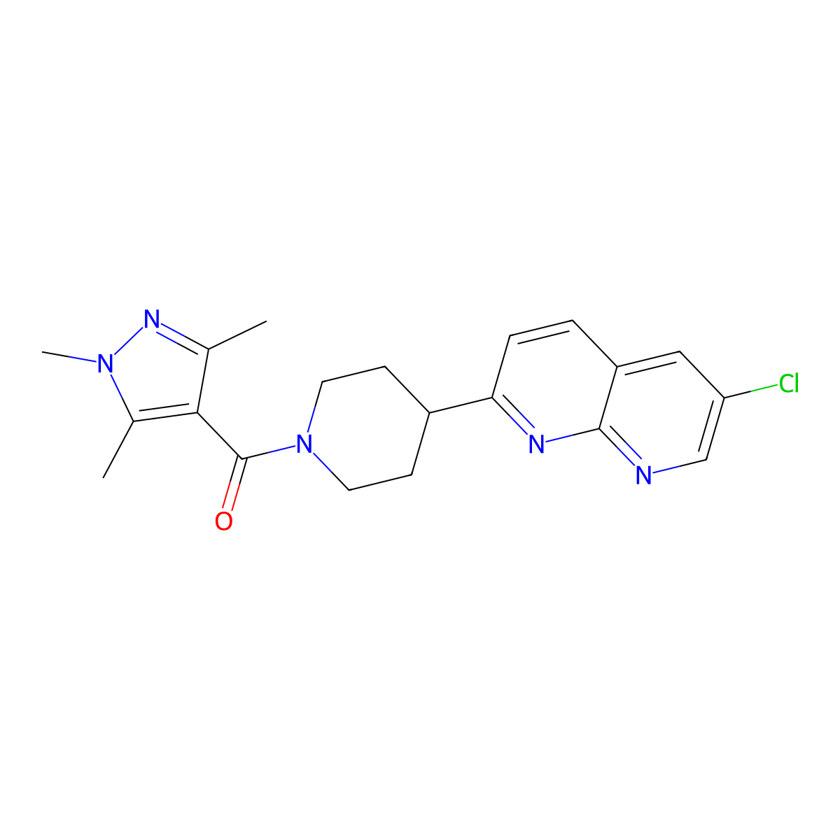 6-chloro-2-[1-(1,3,5-trimethyl-1H-pyrazole-4-carbonyl)piperidin-4-yl]-1,8-naphthyridine molecular structure, CAS 2741934-14-3