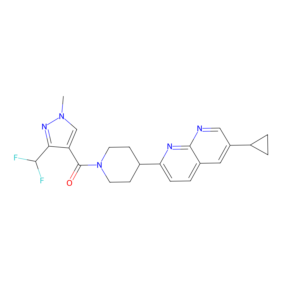 6-cyclopropyl-2-{1-[3-(difluoromethyl)-1-methyl-1H-pyrazole-4-carbonyl]piperidin-4-yl}-1,8-naphthyridine molecular structure, CAS 2741934-36-9