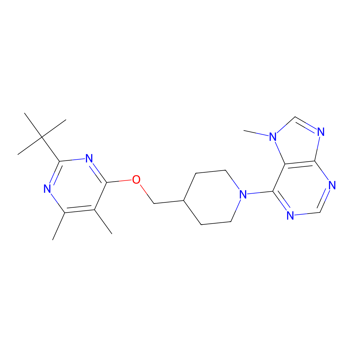 6-(4-{[(2-tert-butyl-5,6-dimethylpyrimidin-4-yl)oxy]methyl}piperidin-1-yl)-7-methyl-7H-purine molecular structure, CAS 2741934-39-2