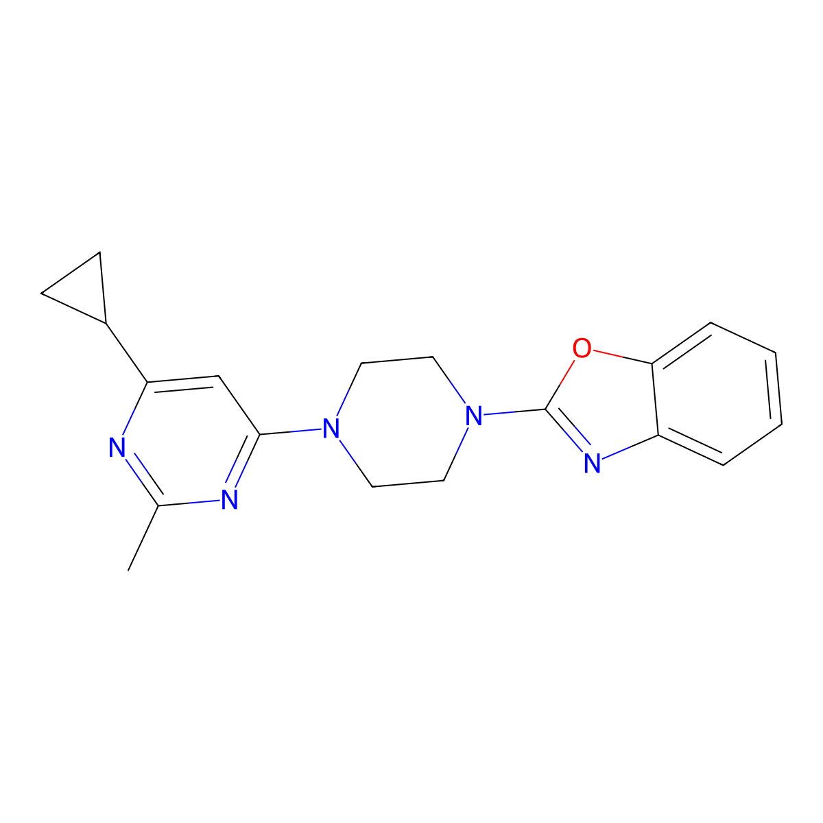 2-[4-(6-Cyclopropyl-2-methylpyrimidin-4-yl)piperazin-1-yl]-1,3-benzoxazole molecular structure, CAS 2741934-42-7