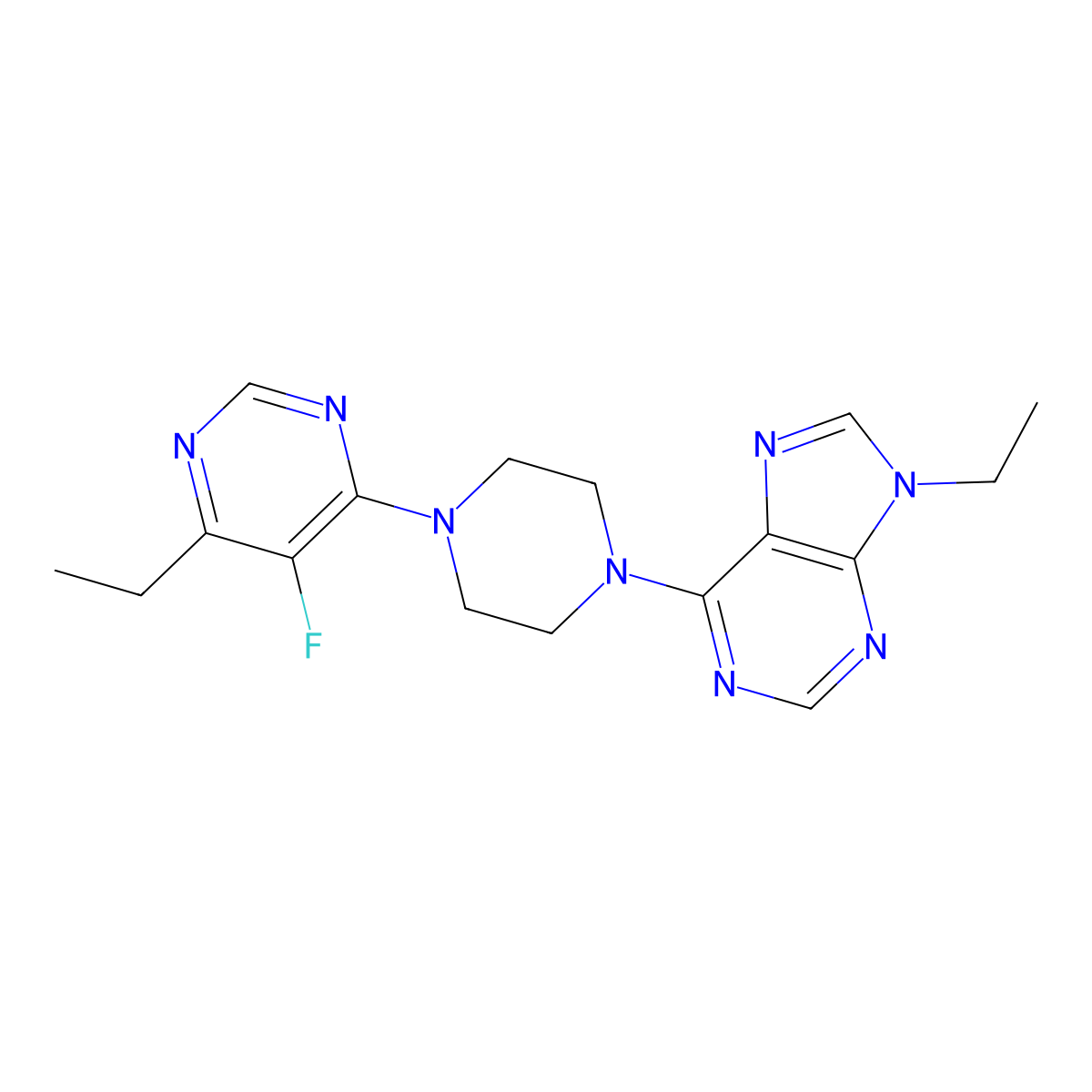 9-ethyl-6-[4-(6-ethyl-5-fluoropyrimidin-4-yl)piperazin-1-yl]-9H-purine molecular structure, CAS 2741934-56-3