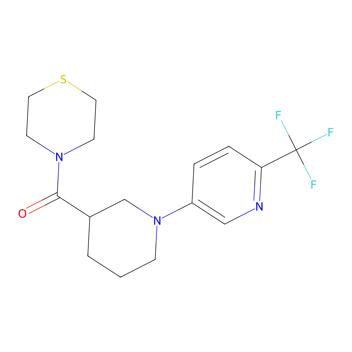 4-{1-[6-(Trifluoromethyl)pyridin-3-yl]piperidine-3-carbonyl}thiomorpholine molecular structure, CAS 2741934-59-6