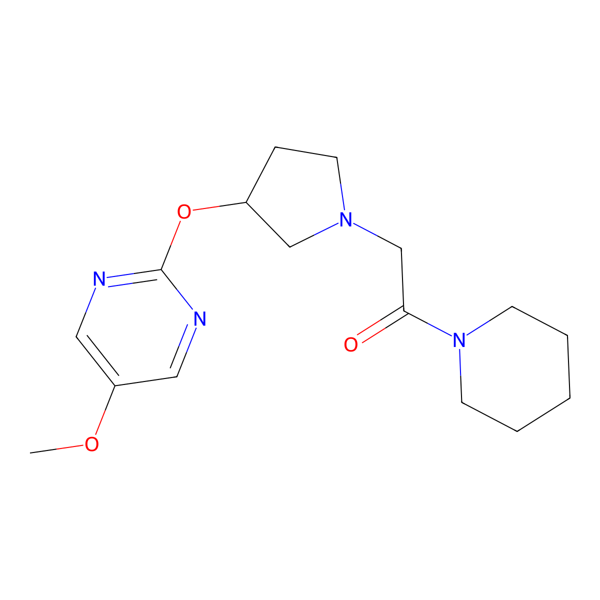 2-{3-[(5-Methoxypyrimidin-2-yl)oxy]pyrrolidin-1-yl}-1-(piperidin-1-yl)ethan-1-one molecular structure, CAS 2741934-77-8